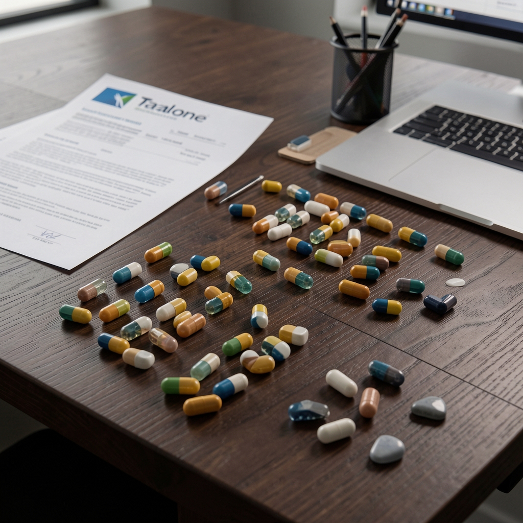 Talone brand workspace interior showing dark wooden surface with supplement capsules arranged in a deliberate pattern, batch documentation papers, and controlled studio lighting