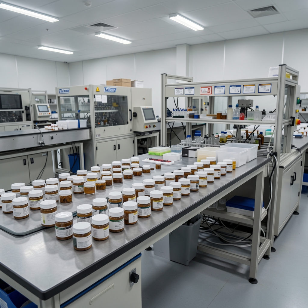 Wide view of the Talone production workspace in Jakarta, showing quality-control bench with capsule containers arranged in rows, batch coding labels visible, under controlled studio lighting