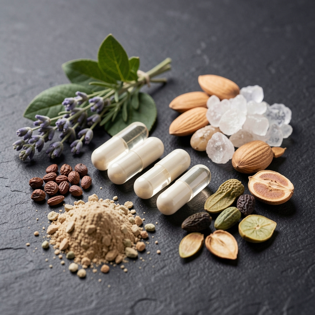 Close-up arrangement of mineral supplement capsules and natural ingredient samples on a dark textured surface, studio lighting, editorial quality photograph for men's nutritional supplement brand Talone