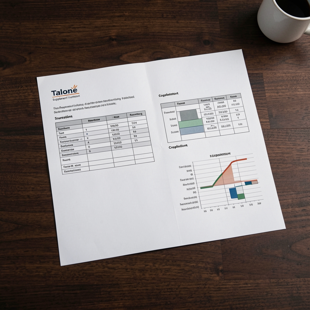 Talone supplement formulation documentation laid flat on a dark wooden workspace surface, showing sourcing records and composition charts under controlled studio lighting