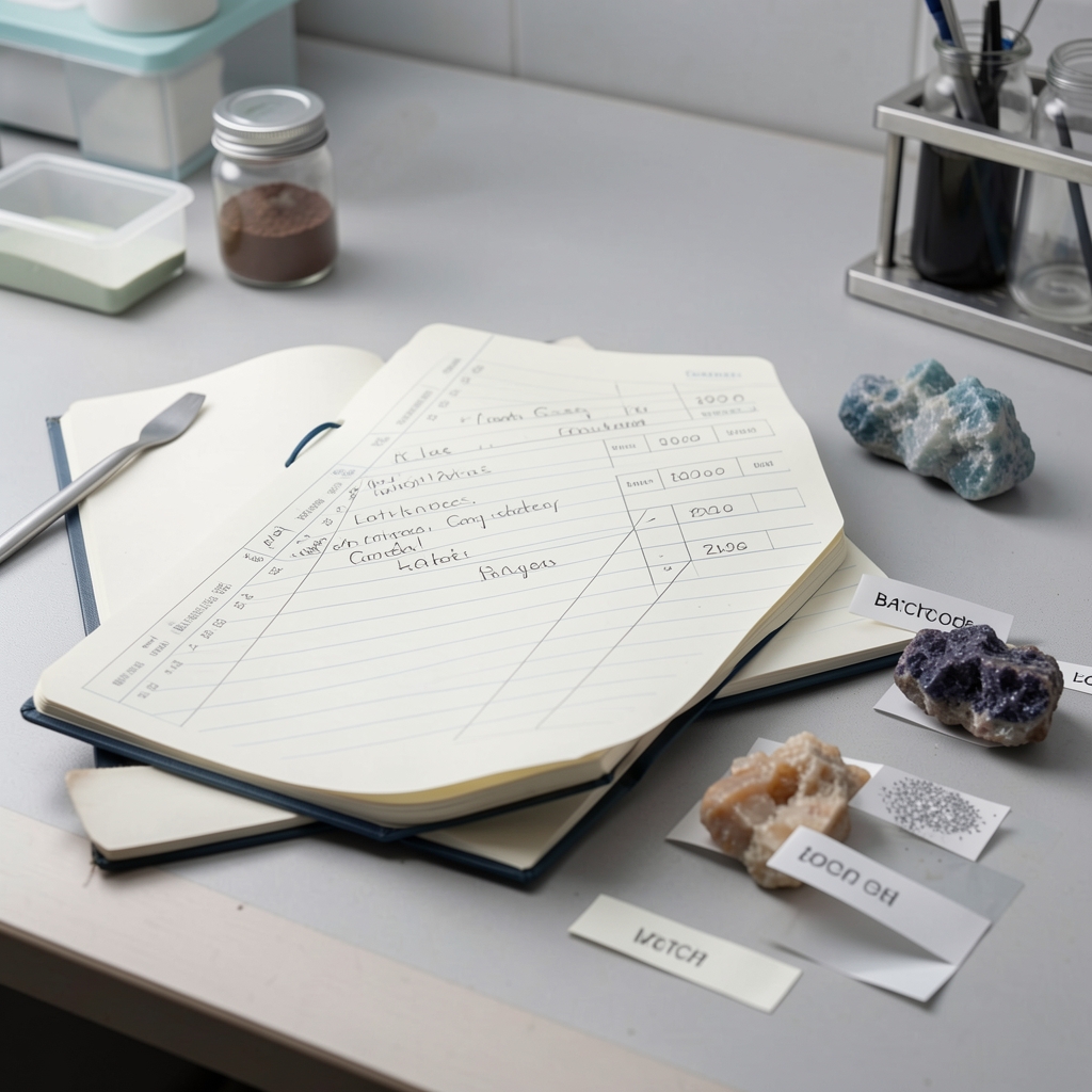 Quality-control notebook open on a workbench with handwritten lot record entries, batch code labels, and mineral ingredient samples arranged alongside, photographed in a clean workspace with controlled lighting