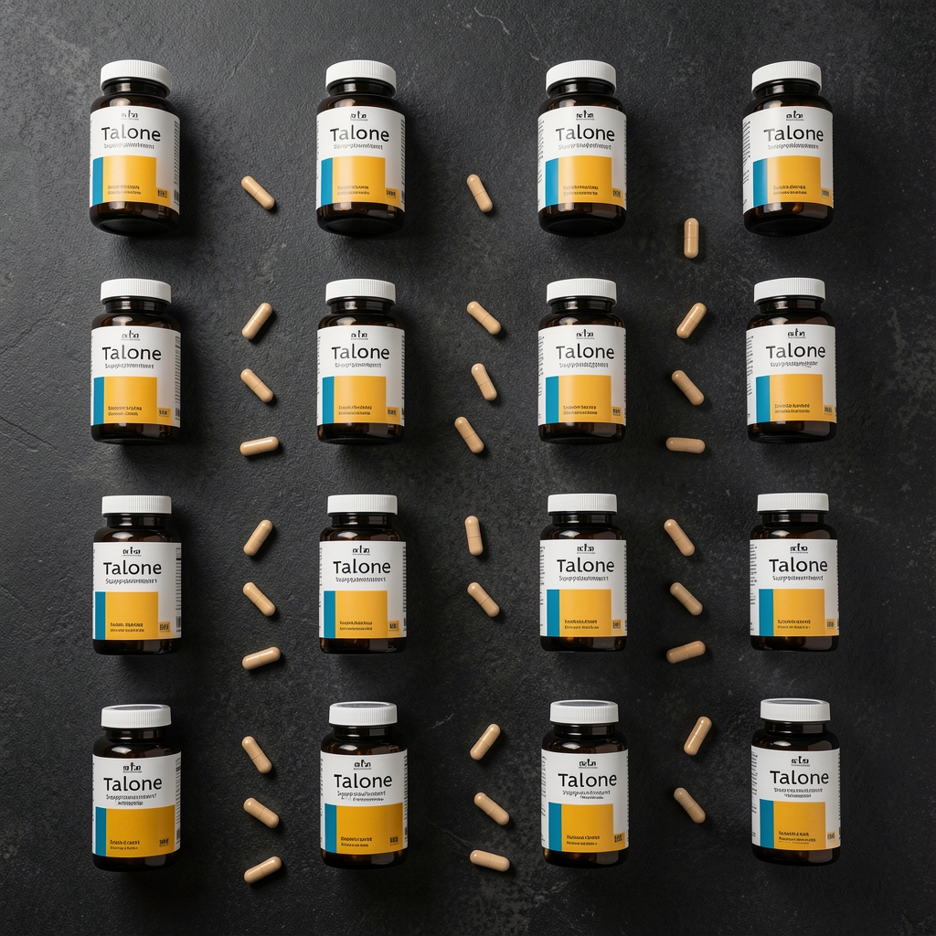 Organised flat lay of Talone supplement bottles and individual capsules arranged in a grid pattern on a dark textured surface, editorial product photography with sharp studio lighting