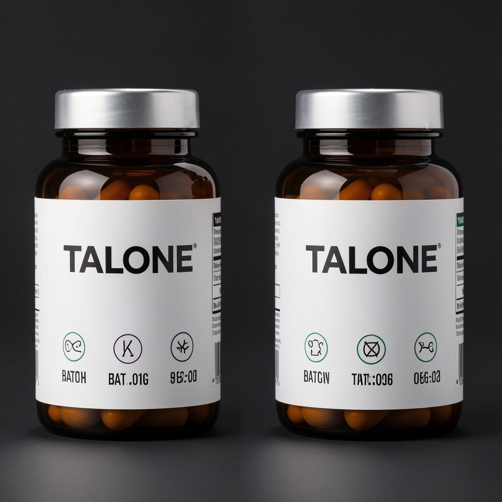 Side-by-side product comparison showing two Talone supplement bottle variants against a dark background with elemental symbol labels and batch code tags visible, product photography with controlled lighting