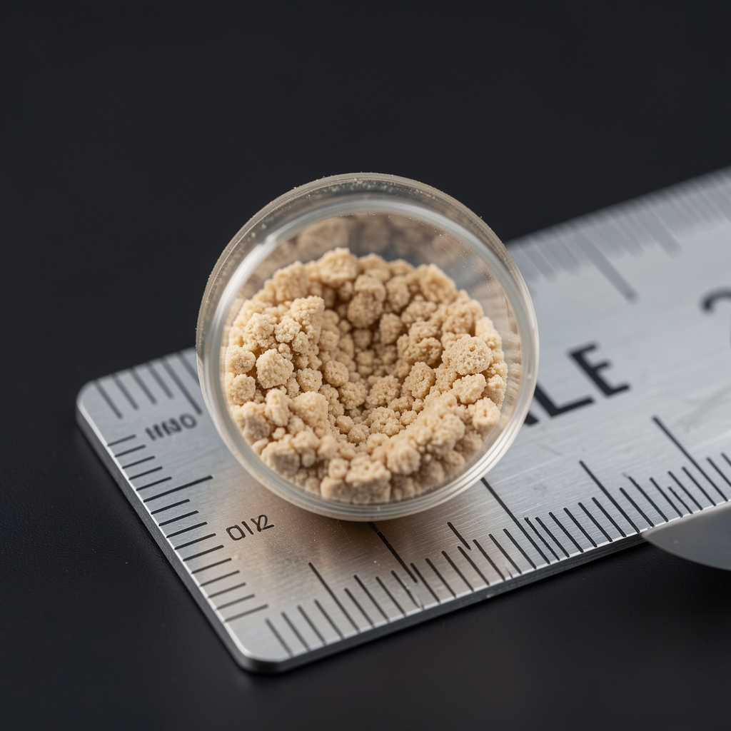 Detail shot of Talone daily supplement capsule open to show interior granulation with a ruler beside it for scale, quality-control environment, sharp studio lighting with dark background